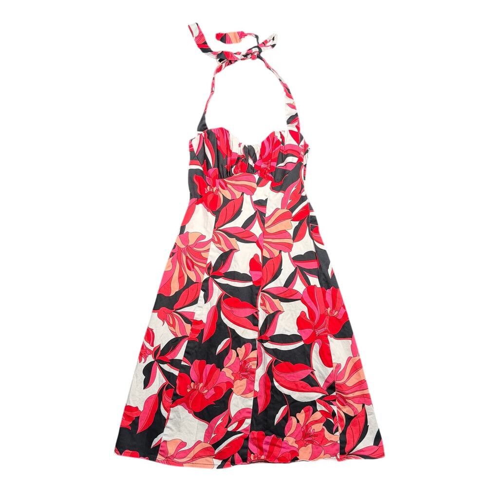 Caché Vintage Floral Halter Dress Size 2 Red Black Retro Pinup Y2K